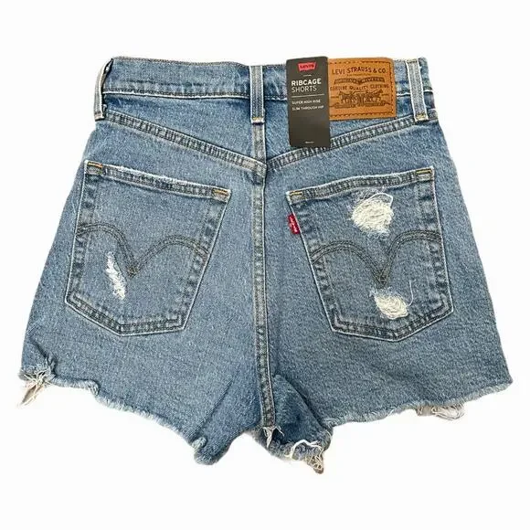 Levi's Ribcage Denim Cutoff Shorts 25 Tango Feels New NWT Distressed High Rise - Picture 3 of 7